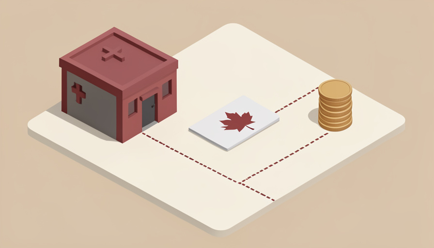 Isometric hospital building beside a maple-leaf health card and a small stack of coins, with a dotted path splitting into several routes, representing childbirth cost varying by status