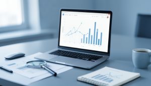 A laptop on a desk showing an analytics dashboard with line and bar charts, a magnifying glass on a printed report nearby