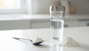 A scoop of white creatine powder resting on a clean counter beside a shaker bottle of water
