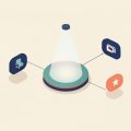 Isometric small stage linked to a seat icon and a phone-stream icon by tiered ticket tags, representing a creator selling in-person and virtual access together