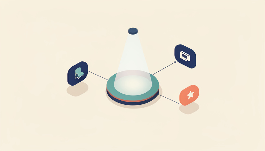 Isometric small stage linked to a seat icon and a phone-stream icon by tiered ticket tags, representing a creator selling in-person and virtual access together