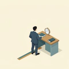 Isometric desk with a rulebook and a figure standing precisely on a marked line, representing following a workplace rule to the exact letter