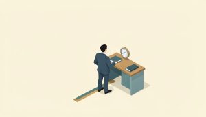 Isometric desk with a rulebook and a figure standing precisely on a marked line, representing following a workplace rule to the exact letter