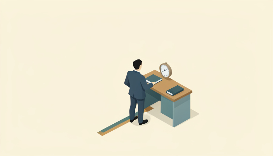 Isometric desk with a rulebook and a figure standing precisely on a marked line, representing following a workplace rule to the exact letter