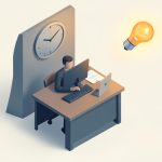Isometric office desk with a faceless seated worker and a glowing lightbulb drifting up and away out of reach, beside a numberless wall clock, representing desk time measured while ideas escape