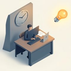 Isometric office desk with a faceless seated worker and a glowing lightbulb drifting up and away out of reach, beside a numberless wall clock, representing desk time measured while ideas escape