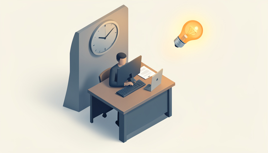 Isometric office desk with a faceless seated worker and a glowing lightbulb drifting up and away out of reach, beside a numberless wall clock, representing desk time measured while ideas escape