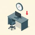 Isometric office desk with an empty chair and a large clock, next to a small downward productivity arrow, representing a desk-time rule that lowers real output