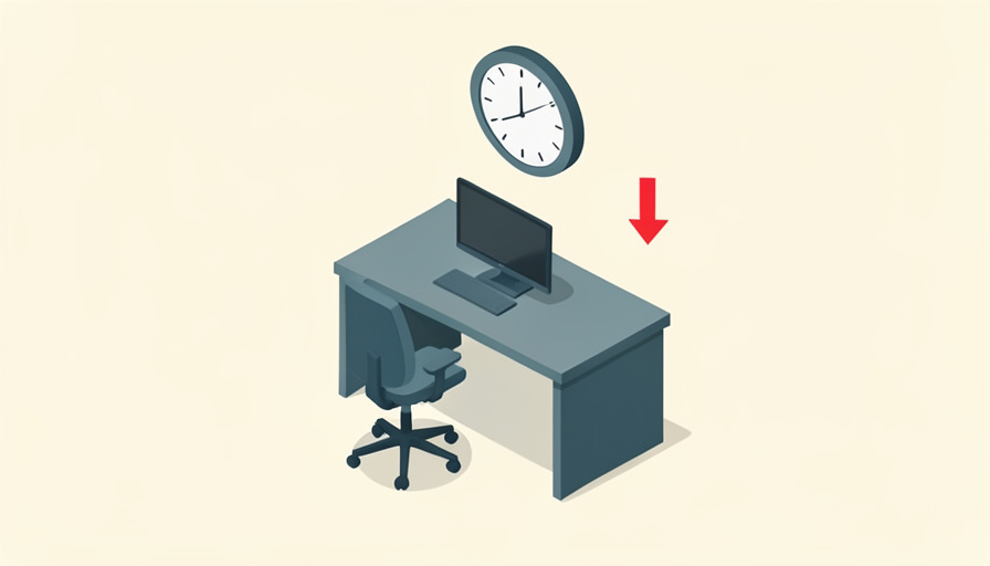 Isometric office desk with an empty chair and a large clock, next to a small downward productivity arrow, representing a desk-time rule that lowers real output