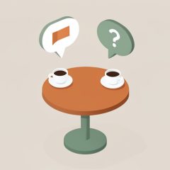 Isometric two speech bubbles over a small table with coffee cups, one bubble showing a flag and one a question mark, representing a boundary conversation in dating