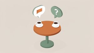 Isometric two speech bubbles over a small table with coffee cups, one bubble showing a flag and one a question mark, representing a boundary conversation in dating