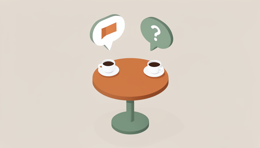 Isometric two speech bubbles over a small table with coffee cups, one bubble showing a flag and one a question mark, representing a boundary conversation in dating