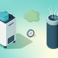 Isometric dehumidifier and air purifier with a humidity gauge and a musty-smell cloud between them, comparing which reduces musty smells in a small bedroom
