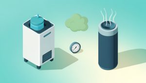 Isometric dehumidifier and air purifier with a humidity gauge and a musty-smell cloud between them, comparing which reduces musty smells in a small bedroom