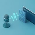 Isometric illustration of a microphone soundwave flowing into stacked code blocks and a terminal