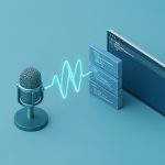 Isometric illustration of a microphone soundwave flowing into stacked code blocks and a terminal