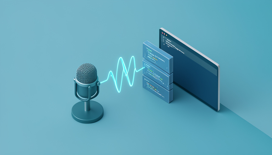 Isometric illustration of a microphone soundwave flowing into stacked code blocks and a terminal
