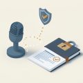 Isometric microphone icon linked by a dotted line to a signed approval document and a locked log ledger, representing a compliance trail for voice-driven code changes