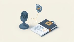 Isometric microphone icon linked by a dotted line to a signed approval document and a locked log ledger, representing a compliance trail for voice-driven code changes