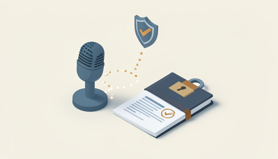 Isometric microphone icon linked by a dotted line to a signed approval document and a locked log ledger, representing a compliance trail for voice-driven code changes