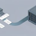 Isometric financial statement documents flowing from small bank buildings along a channel into a large government data vault
