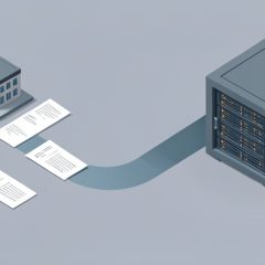 Isometric financial statement documents flowing from small bank buildings along a channel into a large government data vault