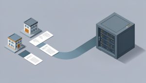 Isometric financial statement documents flowing from small bank buildings along a channel into a large government data vault