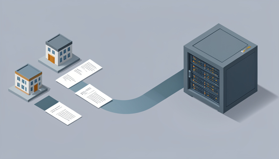 Isometric financial statement documents flowing from small bank buildings along a channel into a large government data vault
