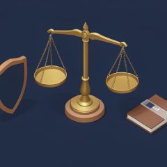 Isometric scales of justice beside a shield emblem and a small paused data-file folder, representing legal review of a surveillance program