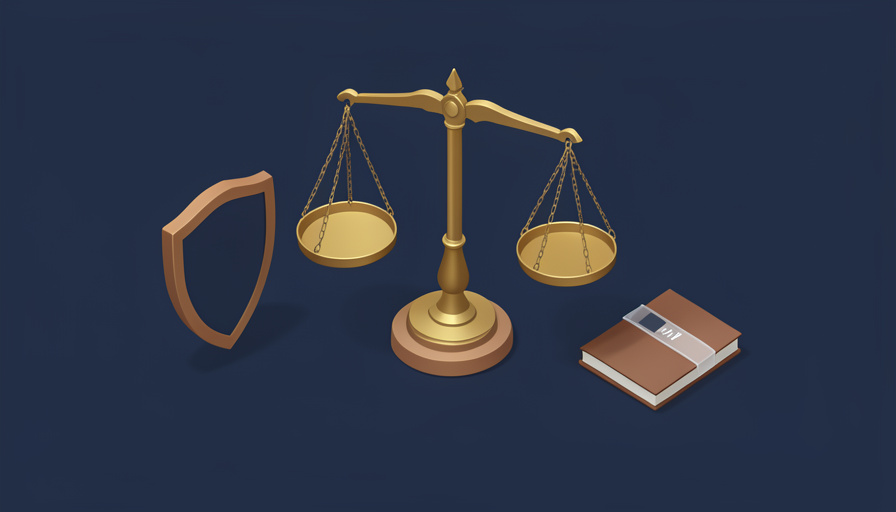 Isometric scales of justice beside a shield emblem and a small paused data-file folder, representing legal review of a surveillance program