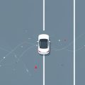 Overhead view of a single car on a highway with faint data tracking lines overlaid