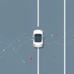 Overhead view of a single car on a highway with faint data tracking lines overlaid