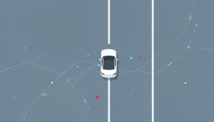 Overhead view of a single car on a highway with faint data tracking lines overlaid