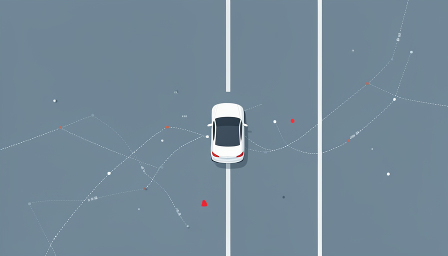 Overhead view of a single car on a highway with faint data tracking lines overlaid
