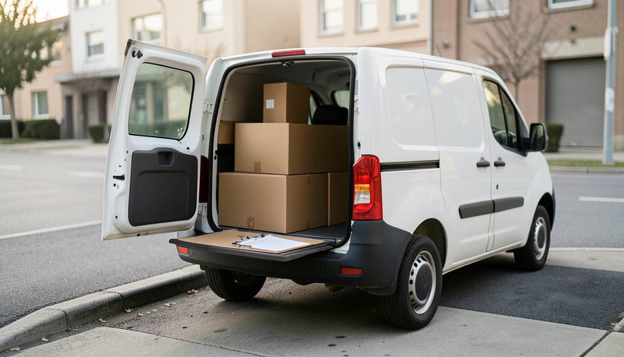 Small white delivery van parked at a curb with parcels loaded in the back