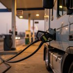 Semi truck refueling at a highway diesel station at dusk
