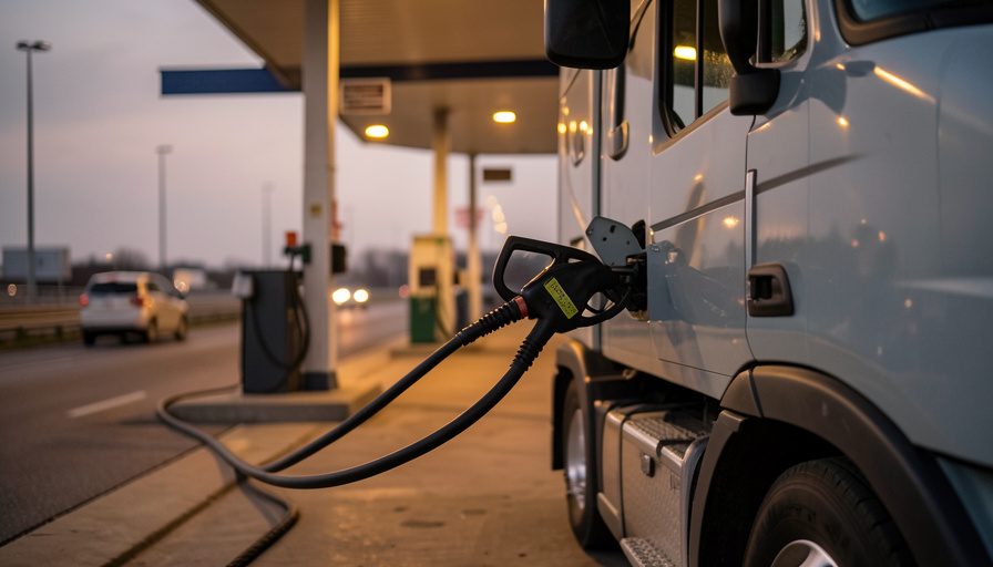 Semi truck refueling at a highway diesel station at dusk