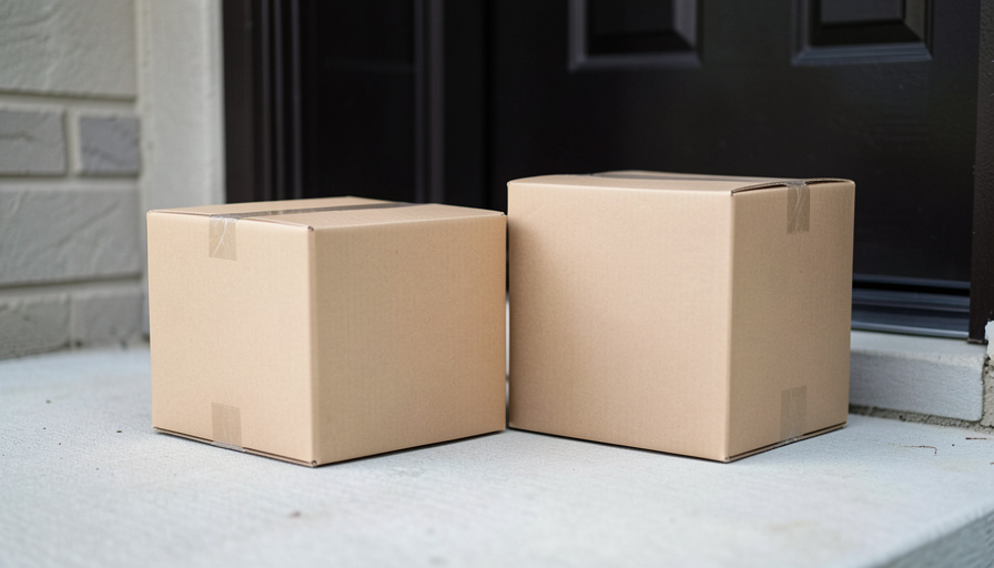 Stack of cardboard shipping parcels on a home doorstep with a paper delivery slip