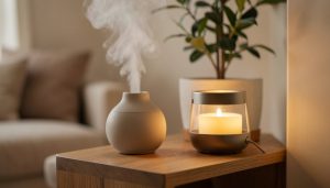 A ceramic aroma diffuser releasing mist beside a glowing wax warmer on a wooden table in a cozy room