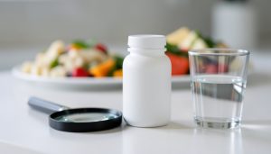 A plain white supplement bottle beside a magnifying glass and a glass of water, with healthy food blurred behind