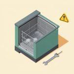 Isometric open dishwasher beside a wrench and screwdriver with a small yellow warning triangle, representing do-it-yourself appliance repair and safety