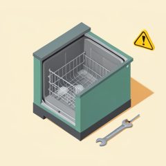 Isometric open dishwasher beside a wrench and screwdriver with a small yellow warning triangle, representing do-it-yourself appliance repair and safety