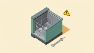 Isometric open dishwasher beside a wrench and screwdriver with a small yellow warning triangle, representing do-it-yourself appliance repair and safety