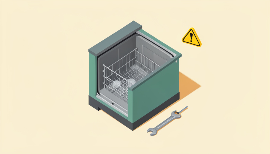 Isometric open dishwasher beside a wrench and screwdriver with a small yellow warning triangle, representing do-it-yourself appliance repair and safety