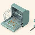 Isometric open dishwasher with small green mold spots and orange rust marks on the rack, beside a cleaning brush and water-drop icon, representing appliance durability and maintenance