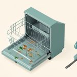 Isometric open dishwasher with small green mold spots and orange rust marks on the rack, beside a cleaning brush and water-drop icon, representing appliance durability and maintenance