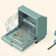 Isometric open dishwasher with small green mold spots and orange rust marks on the rack, beside a cleaning brush and water-drop icon, representing appliance durability and maintenance