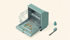 Isometric open dishwasher with small green mold spots and orange rust marks on the rack, beside a cleaning brush and water-drop icon, representing appliance durability and maintenance