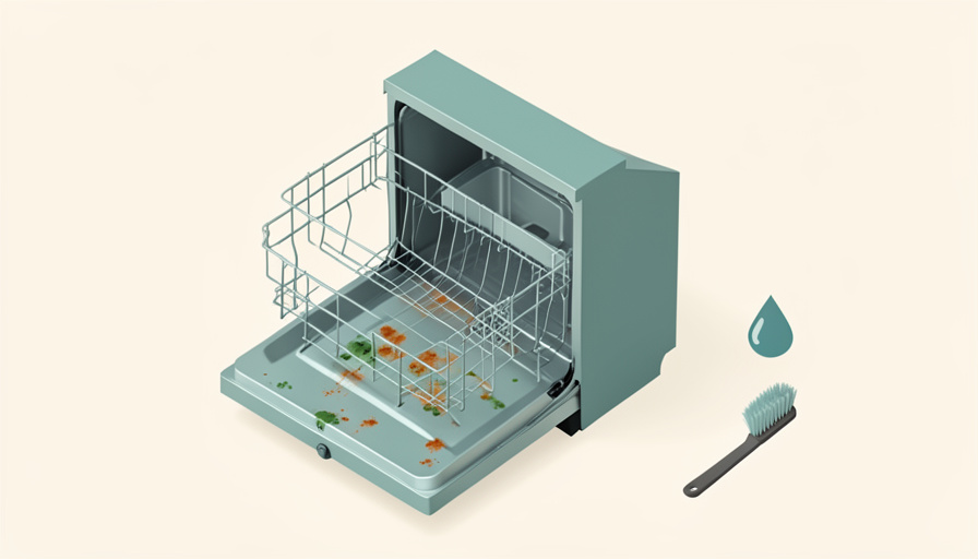 Isometric open dishwasher with small green mold spots and orange rust marks on the rack, beside a cleaning brush and water-drop icon, representing appliance durability and maintenance