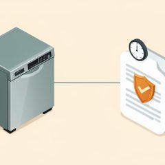 Isometric dishwasher beside a warranty document with a shield and checkmark and a small clock, representing appliance warranty coverage over time